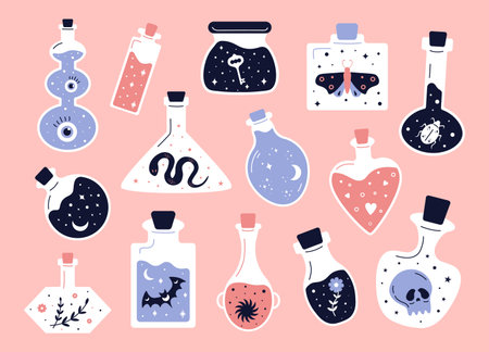 Doodle witchcraft. Love potions and magician occult equipment, cartoon magic shop elements. Vector setのイラスト素材