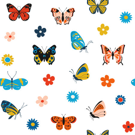 Butterfly pattern. Cartoon seamless texture for print with colorful flying insects and flowers. Vector nature textile patternのイラスト素材