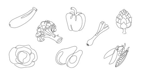 One line vegetables. Continuous monoline vegan meal and garden plants, healthy food from eco farm, avocado cabbage broccoli peas. Vector line isolated setのイラスト素材