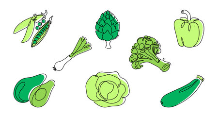 Green line vegetable. Continuous monoline healthy food, pepper artichoke peas cabbage avocado. Vector isolated line greensのイラスト素材