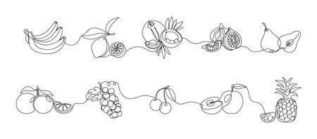 One line fruits. Continuous line exotic pineapple banana citrus pear and grape, trendy monoline healthy food. Vector fruit isolated setのイラスト素材