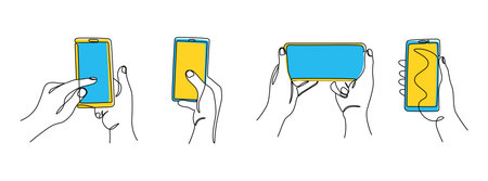 Continuous line hands with phones. One line phones in portrait and landscape modes, hands using smartphones. Vector setのイラスト素材