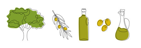 One line olive. Continuous line olive tree, branches and glass bottle of oil, cooking ingredient. Vector isolated setのイラスト素材