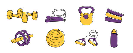 Continuous line fitness tools. One line home training sport inventory, healthy activity gear. Vector dumbbells, jump rope, kettlebell, fitballのイラスト素材