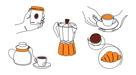 Continuous line coffee. One line morning drink set with female hands holding cup of coffee, teapot and cup of tea. Vector monoline isolated setのイラスト素材