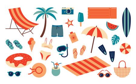 Summer beach set. Cartoon sea and ocean recreation attributes, parasol sunglasses ball slippers and towels. Vector summer vacation setのイラスト素材