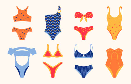 Beach swimsuit. Cartoon fashion bikini swimwear collection, women brassiere underwear elegant doodle set. Vector clothingのイラスト素材