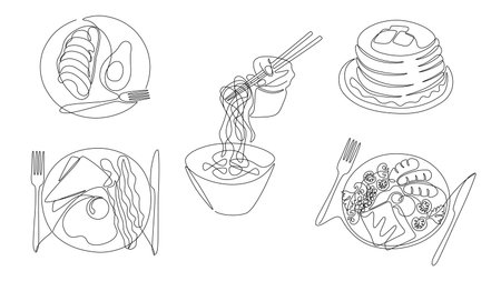One line breakfast. Dishes of morning meal, healthy food and start of day, fried eggs pancakes and croissants with avocado. Vector breakfast continuous lineのイラスト素材