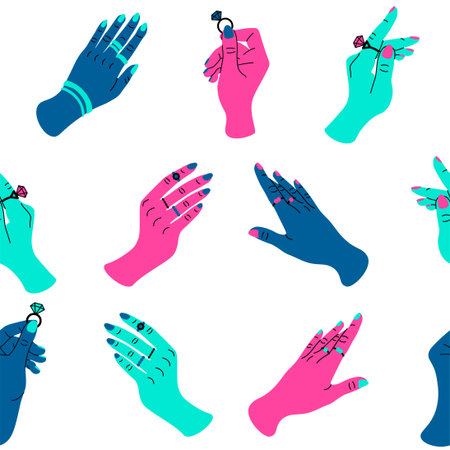 Hands with rings pattern. Seamless print with women arms and wedding rings. Vector fashion elegant jewelry conceptのイラスト素材