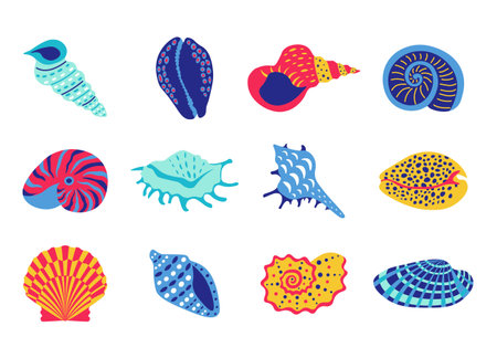 Sea shells. Cartoon tropical underwater clam and marine animal collection, ocean seafood and aquarium decoration. Vector isolated setのイラスト素材