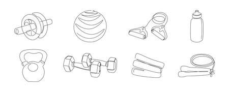 One line fitness gear. Continuous line sport inventory, dumbbells, jump rope, kettlebell, fitball. Vector monoline sport setのイラスト素材