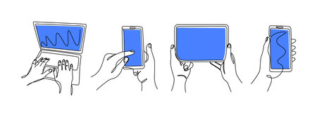 One line hands with gadgets. Continuous line female hands holding smartphones tablet and laptop. Vector monoline isolated setのイラスト素材