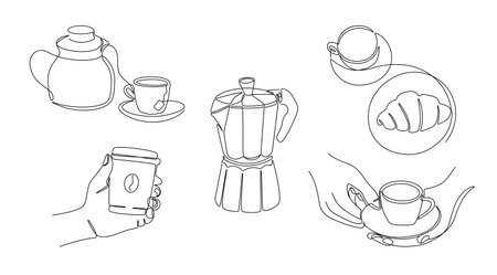 One line coffee. Continuous line teapot with cup of tea, monoline coffee gear and hands holding cups of espresso. Vector isolates morning drink setのイラスト素材