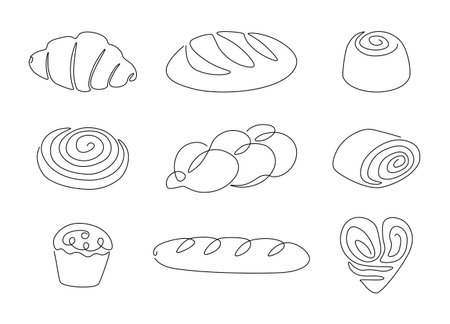 Bread one line. Continuous line pretzel, croissant, baguette, bagel, muffin, loaf, cinnamon roll, bakery concept. Vector isolated setのイラスト素材