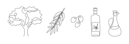 Continuous line olives. Line art glass bottle of olive oil, tree and branch, cooking ingredient. Vector isolated one line setのイラスト素材