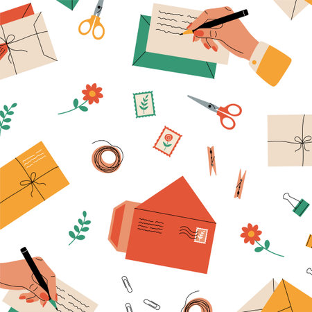 Cartoon envelope pattern. Seamless postcard, letters, invitation and greeting card, old mailing with paper letters and handwrite mails. Vector patternのイラスト素材