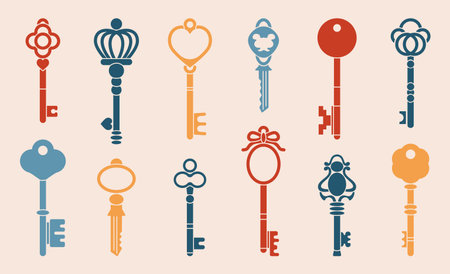 Keys. Antique keys silhouettes and worms wit heads and tails, house lock keys graphic template. Vector retro key logo collectionのイラスト素材
