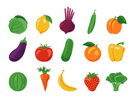 Fruits and vegetables. Cartoon organic farm food, fresh isolated vegan dish ingredients. Vector healthy food setのイラスト素材