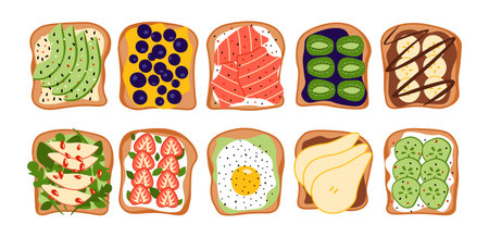Morning sandwiches. Healthy food with toasted bread, fresh vegetables and sauces, eggs tomatoes salmon and avocado ingredients. Vector setのイラスト素材
