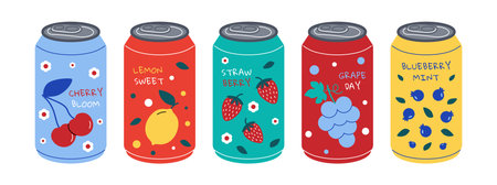 Soda can. Sweet fizzy water with different tastes, colorful cold drink with juice and sweeteners, cartoon energy drink container. Vector isolated setのイラスト素材