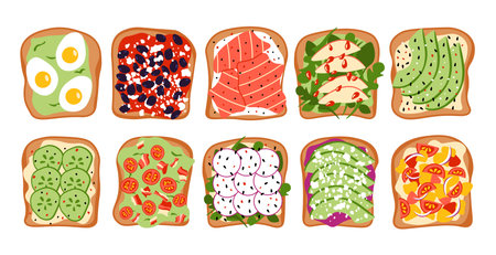 Sandwiches. Morning food with toasted bread vegetables and sauces, healthy food with avocado and salmon. Vector isolated setのイラスト素材
