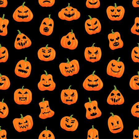 Halloween pumpkin pattern. Party celebration creepy decoration of pumpkins with Jack faces. Vector printのイラスト素材