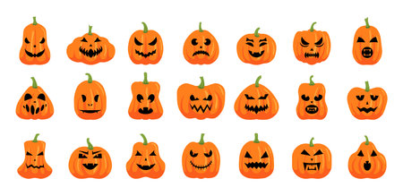 Scary pumpkins. Cartoon Halloween celebration party symbol, autumn vegetables with creepy faces. Vector isolated setのイラスト素材