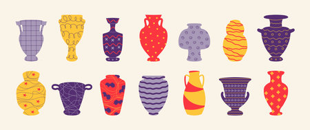 Pottery. Cartoon antic vase and vessel of ceramic, interior design decoration with ornaments and symbols. Vector ancient jugs and pots setのイラスト素材