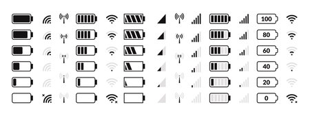 Battery icon. Cellular network, internet traffic and data transfer, smartphone status bar icons, battery charge level and GSM signal strength. Vector setのイラスト素材
