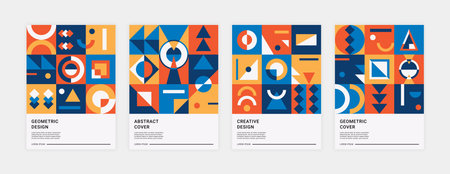 Abstract memphis posters. Trendy minimalistic geometric placards with contemporary brutalism shapes. Vector bauhaus banners setのイラスト素材