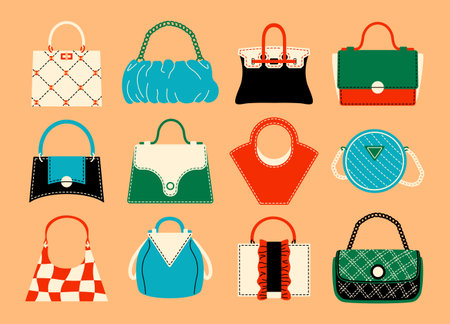 Cartoon purse. Women fashion accessories, trendy luxury clutch, bag and hobo. Vector doodle handbag setのイラスト素材