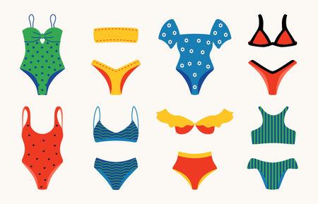 Cartoon swimsuit. Lingerie and bikini underwear doodle elements, beach beauty brassiere, elegant hand drawn clothing collection. Vector setのイラスト素材