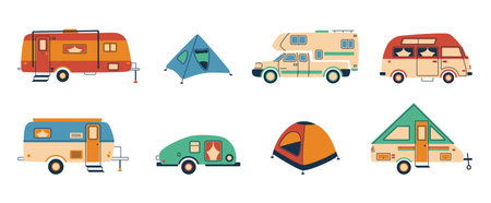 Cartoon camper. Doodle tent and caravan vehicle, camper van for recreational holiday, hand drawn trailer. Vector adventure vacation conceptのイラスト素材