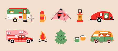Caravan car. Cartoon Camper van, tourist tent and trailer for adventure lifestyle and active recreational holidays. Vector doodle setのイラスト素材