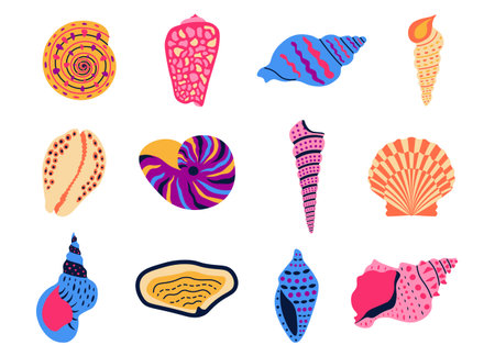 Cartoon shells. Summer ocean animals collection, marine habitants and aquarium decoration. Vector isolated setのイラスト素材