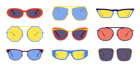 Cartoon sunglasses. Trendy retro glasses collection, fashion summer color accessory, hipster fashionable eyeglasses. Vector isolated collectionのイラスト素材