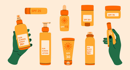Sun spray. Cartoon SPF sun rays block lotion, beach sunblock beauty cosmetics, summer skin care lotion. Vector isolated collectionのイラスト素材
