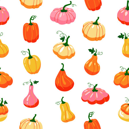Pumpkin pattern. Seamless autumn vegetables texture, colourful organic products. Vector printのイラスト素材