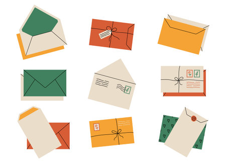 Cartoon envelope. Postcard and paper letter with invitation and greeting card, mail and document delivery. Vector handmade envelope setのイラスト素材