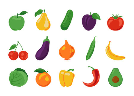 Cartoon fruits and vegetables. Fresh organic farm food, isolated vegan salad ingredients. Vector healthy setのイラスト素材
