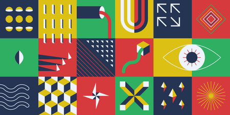 Abstract geometric forms. Bold brutalism figures design, primitive bauhaus tiles collage of basic shapes, minimalistic colorful ornament. Vector neo geo setのイラスト素材