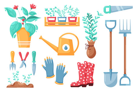 Garden tools. Cartoon farm and soil work cartoon instruments, landscape and irrigation equipment. Vector cultivation and horticulture tool setのイラスト素材