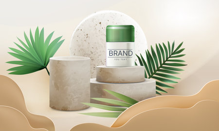 Cosmetic ad. Realistic banner with nature elements, pedestal with concrete texture and beauty skin care cosmetic product. Vector commercial promotion adverのイラスト素材