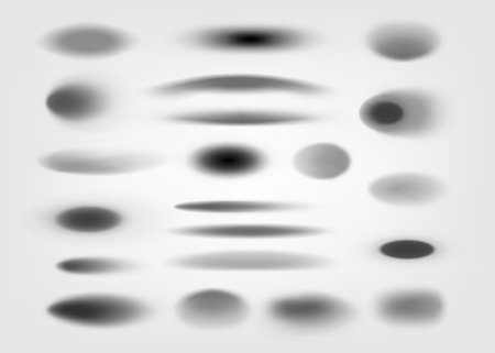 Round realistic shadows. Realistic circular gradient shadow overlay, top light oval shade effect collection on transparent background. Vector setのイラスト素材