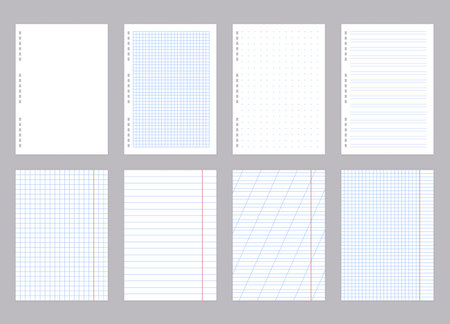 Lined paper sheet. Realistic empty school notebook page with lines grids and dots texture for homework, blank sketchbook and diary page. Vector setのイラスト素材