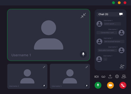 Video conference. Online meeting and videocall application user interface with buttons and user screen overlay mockup. Vector laptop and mobile app displayのイラスト素材