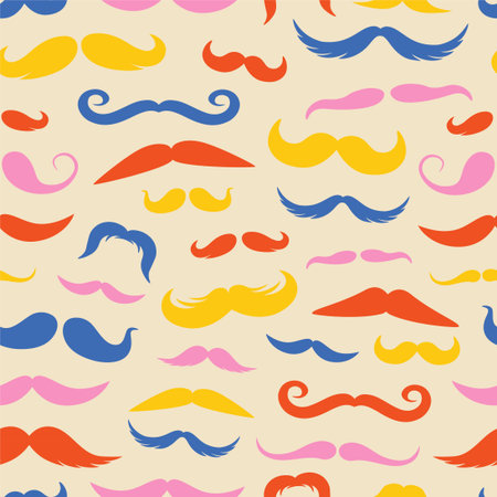 Moustache pattern. Seamless print with different retro style moustache styles and shaved beards, funny party mask elements. Vector textureのイラスト素材