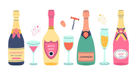 Wine bottles with glasses. Doodle champagne and prosecco vintage glass bottles of white and red sparkling wine, holiday and wedding glasses. Vector setのイラスト素材