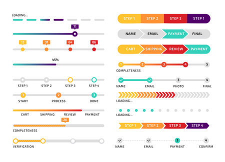 Progress bar. Step process graphic indicator design, app abstract interface element, website color download stage. Vector infographic setのイラスト素材