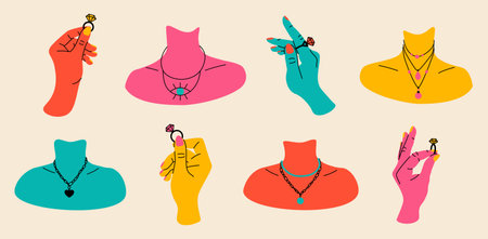 Jewelry on body. Hand drawn women schest with pendant and chain, hands with wedding ring. Vector jewelry fashion collectionのイラスト素材